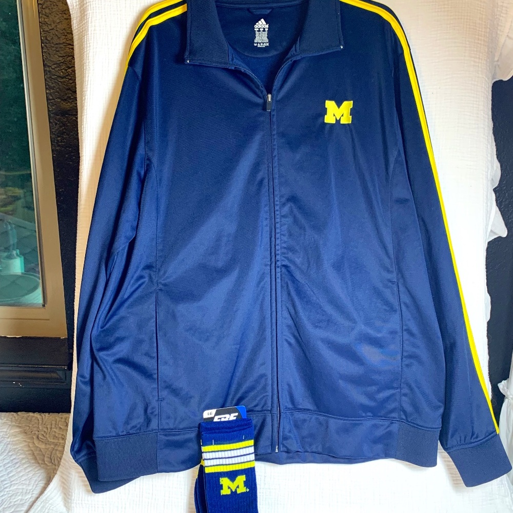 Adidas blue/yellow Michigan track jacket and socks XL - Go BLUE !